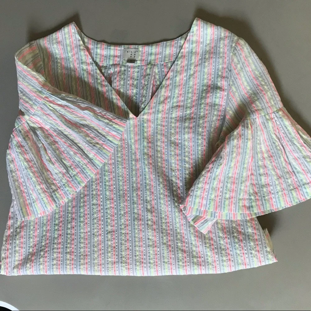 A NEW DAY Seersucker Ruffle Bell Sleeve Metallic Sparkle Neon Striped Blouse - Picture 6 of 9